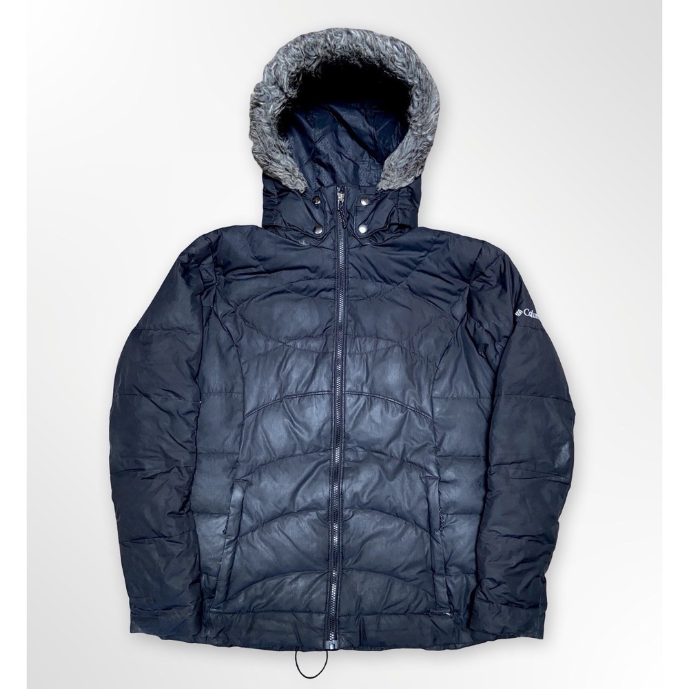 Columbia Womens Down Puffer Jacket Faux Fur Hood Black Size Large Winter Coat